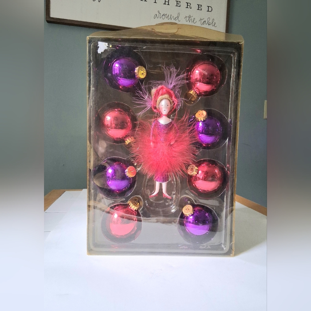 GKI Bethlehem Glass Red Hat Society 8" Woman Blown Glass Ornament & 8 bulbs VTG